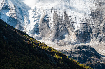 Close-up of alpine snowy mountains and forest