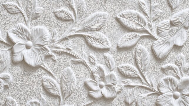 embossed bas-relief ceramic tiles, minimal ornate botanical flowers