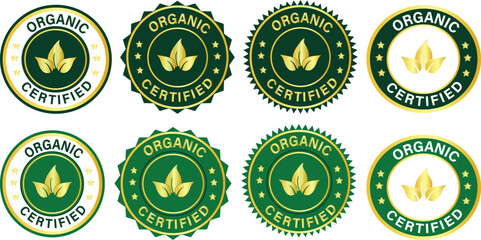 Organic Certified Badge Vector Set – Green and Gold Eco Labels, Natural Product Seal, Bio Food Logo Emblem, Healthy Organic Product Certification Icons for Packaging and Branding Design