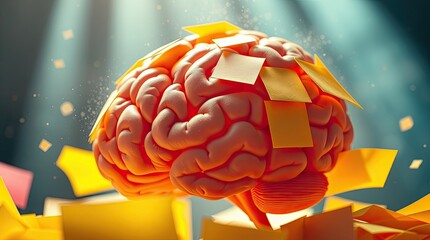 Colorful reminders attached to brain model. Educational and psychological metaphor.