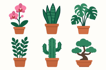 Fototapeta premium A set of 6 colorful vector illustrations of indoor plants in terracotta pots. Style: cartoonish, flat, with soft shadows, on a white background. The pots are identical, brown-terracotta.