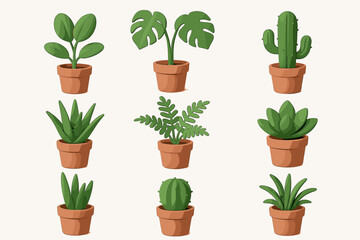 Obraz premium A set of illustrated indoor plants in pots on a white background.