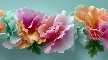Soft pastel colored flowers with delicate ruffled petals and green leaves create serene and intricate floral arrangement