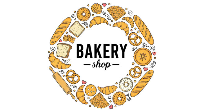 Whimsical Circle Logo Design Featuring Delicious Baked Goods and 'Bakery Shop' Text