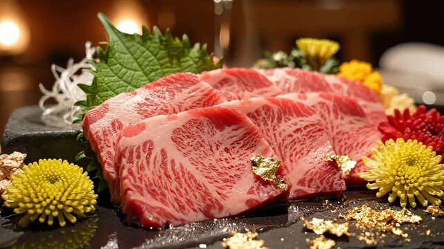 Exquisite Wagyu Beef Slices Garnished with Flowers and Herbs