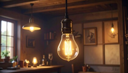 Interior shot of a room with warm, vintage lighting, including Edison bulbs, creating cozy ambiance in rustic space