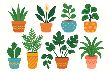 8 cartoon illustrations of indoor plants in decorative pots. Style &mdash; bright flat design with warm and pastel colors (orange, blue, yellow, green).