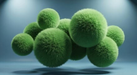 Cluster of fuzzy green balls floating in mid-air, studio lit