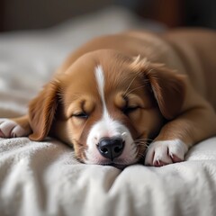 Sleeping brown puppy resting on soft blanket indoors  