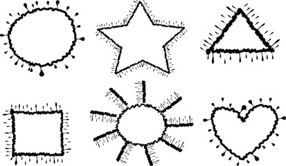 Hand Drawn Ink Frame Shapes Set – Black Sketch Doodle Outlines of Circle, Star, Triangle, Square, Heart, and Sunburst, Grunge Abstract Border Design Elements for Creative Artwork 
