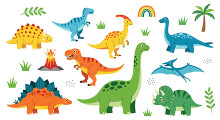 Naklejka premium A Colorful Collection of Various Cartoon Dinosaurs Including a Stegosaurus, Triceratops, Brontosaurus, and Pterodactyl in a Whimsical Landscape