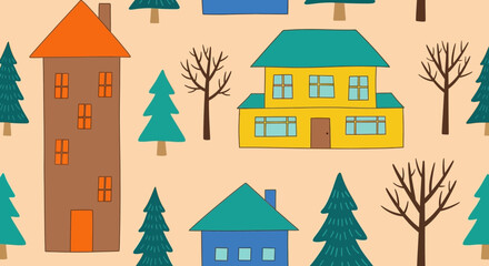 Obraz premium Hand-drawn seamless pattern of a cozy town with colorful houses and trees. A whimsical village background vector illustration for poster design