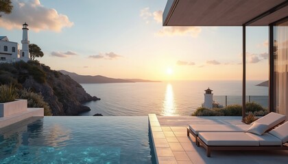 Modern villa with infinity pool overlooks ocean sunset. Coastal landscape with lighthouse on cliff. Two sunbeds wait for guests, peaceful retreat, serene sea view.