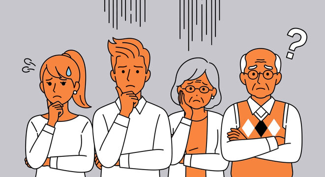 Multi-generational group of people, including young adults and seniors, appearing confused and stressed, with question marks symbolizing memory issues, difficult decisions, or unresolved problems