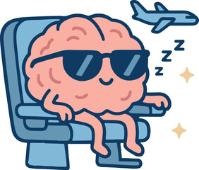 Relaxing Brain on Airplane Seat Wearing Sunglasses Travel Holiday Cartoon