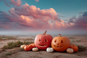 Jack o lantern pumpkins with carved faces surrounded by small pumpkins on ground under colorful cloudy sky