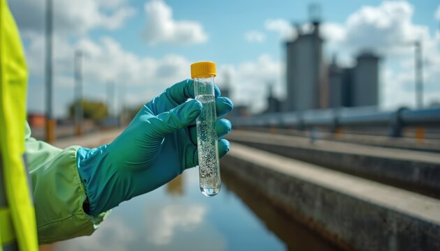 Gloved hand holds test tube with water sample at treatment plant. Scientist technician collects water for quality analysis. Laboratory research in eco-friendly environment. Modern science. Water