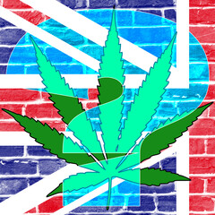 UK Cannabis Legalisation Concept. Marijuana leaf overlaid on a stylized Union Jack flag and brick...