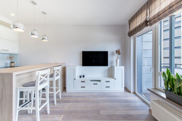 Modern Home Living Room and Kitchen Interior. Luxurious Stylish Modern Apartment.
