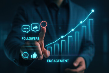 Digital marketing analytics display with engagement metrics, followers, and growth chart. professional interacts with data visualization, showcasing trends and insights