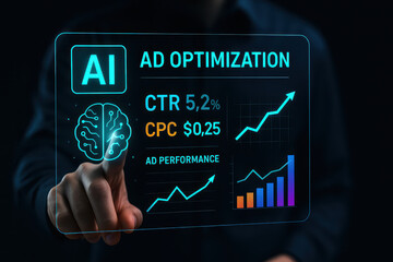 This showcases futuristic interface displaying AI ad optimization metrics, including CTR, CPC, and performance graphs, highlighting importance of data driven marketing strategies