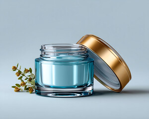 Open jar of blue face cream with golden lid and small yellow flowers on light blue background, fresh and elegant skincare product