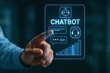 Hand interacting with holographic display showcasing chatbot features, including messaging icons and performance graphs, symbolizing advanced technology and communication