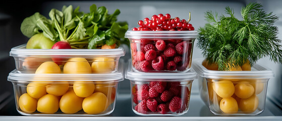 Fresh healthy fruits and vegetables neatly stored in clear plastic containers inside refrigerator, showcasing vibrant colors and freshness