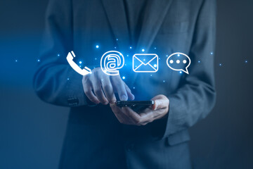 Digital business contact with AI and online communication.