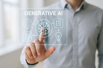 Generative AI technology is represented through digital interface, showcasing brain, gears, and lightbulb icons, symbolizing innovation and creativity in artificial intelligence