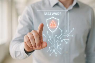 Digital security concept with person interacting with holographic display showing malware warning. image conveys urgency and importance of cybersecurity in today digital landscape