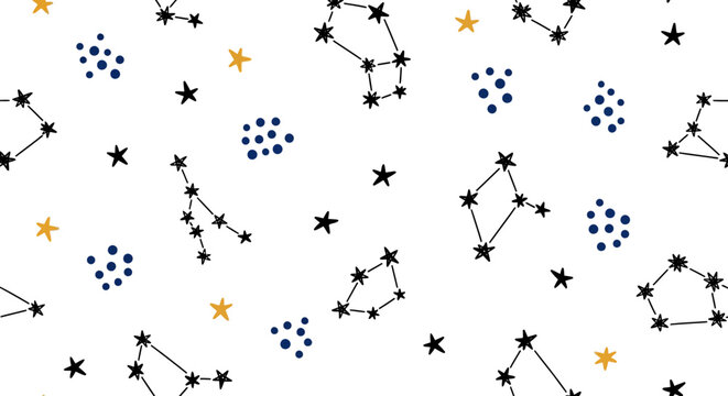 Seamless celestial pattern with hand-drawn doodle constellations and stars. A whimsical vector illustration for backgrounds, posters, and creative design projects