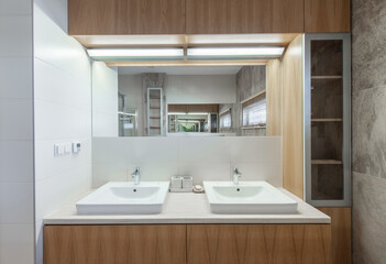 Bright Elegant Modern Bathroom Interior Design of White Sink, Mirror, Heater.