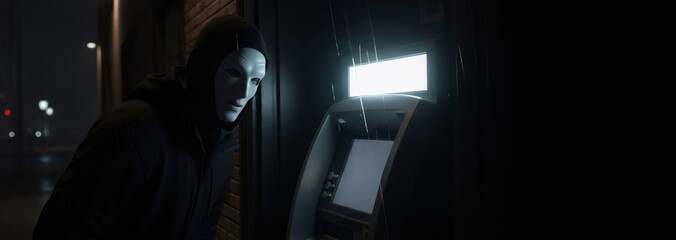 Man in a white mask and black hoodie looking suspiciously at an ATM machine at night. Crime, robbery, and financial fraud concept.