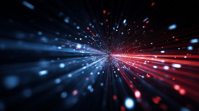 Abstract visualization of red and blue light streaks converging in a central point in the dark