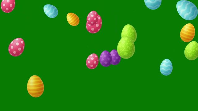 Falling colorful Easter eggs motion graphics with green screen background