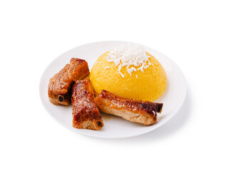 Traditional Romanian dish with grilled pork ribs and polenta topped with grated cheese on a white plate. Local homemade cuisine close-up on white background.