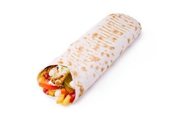 A wrap is filled with grilled meat, fresh vegetables, and crispy fries