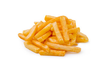 Golden crispy fries piled high on a white background