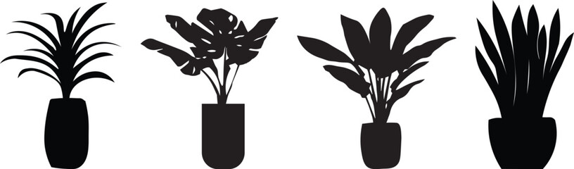 Black plant silhouette vector set with potted houseplants, tropical leaves, indoor foliage and modern botanical shapes, minimal home decor illustration for design, wall art, and decoration