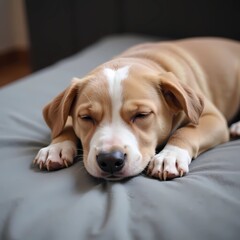Puppy sleeping peacefully on soft bed in cozy indoor setting  