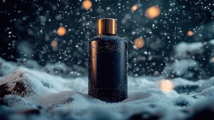 Elegant brown matte cosmetic bottle against a backdrop of snowfall, studio lighting. Suitable for advertising liquid products