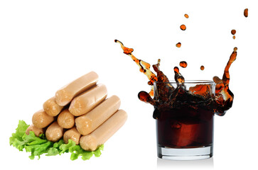 Fast Food Snack set: sausages and cola glass with splash, isolated on transparent background