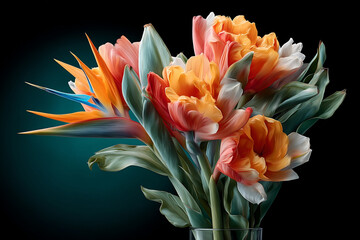 Bright orange tulip and bird of paradise flower bouquet with green leaves in glass vase on dark background, vibrant and elegant floral arrangement