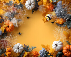 Halloween background with white and orange pumpkin, spider web, black spider, and autumn leaves on yellow surface