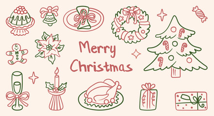 Set of Christmas doodle icons in a hand-drawn line art style. Includes tree, wreath, gifts, holiday food, and poinsettia for festive winter designs.