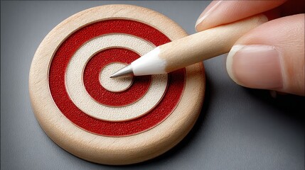 Close-Up of a Hand Holding a Pencil Aiming at a Wooden Target with Red and White Circles for Conceptual Focus and Precision