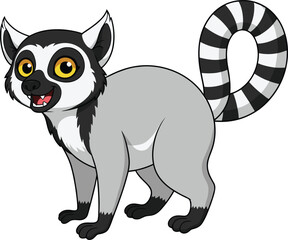 Cute cartoon lemur with striped tail, funny Madagascar animal character, wildlife illustration for kids education, zoo or jungle artwork