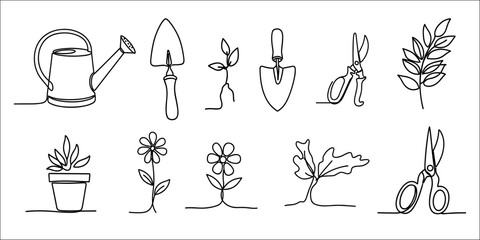 One line gardening icons set with plants, tools, and flowers in minimalist continuous line art style.