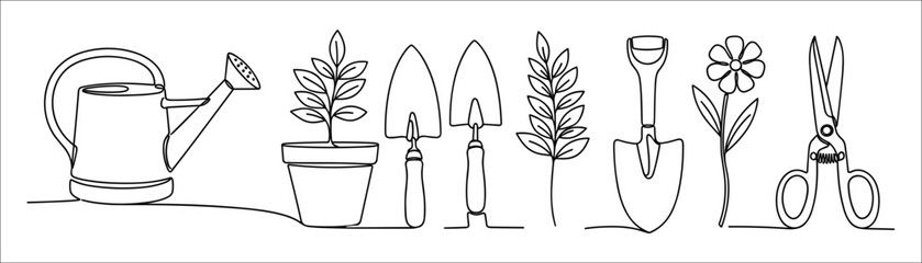 One line gardening icons set with plants, tools, and flowers in minimalist continuous line art style.